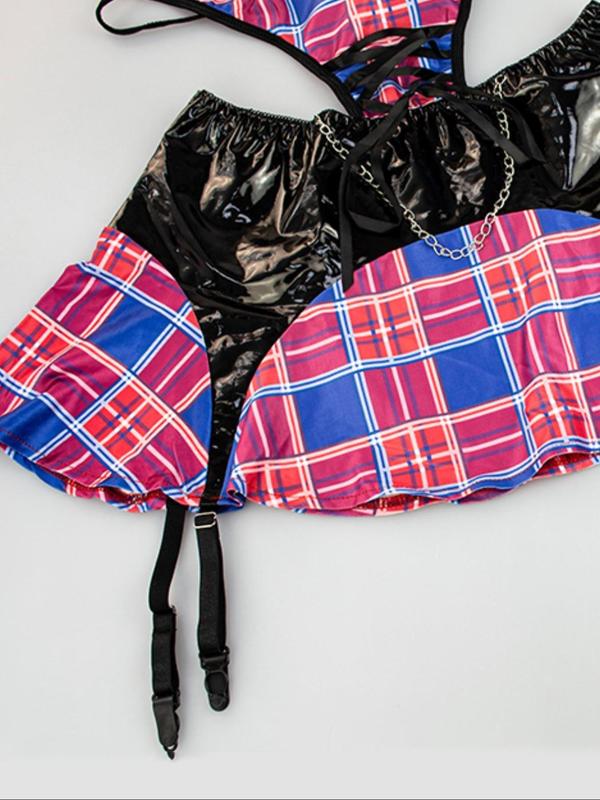 Women's Christmas Halter Neck Lingerie Set, Sexy Plaid Print Lace Up Chain Dress & Choker & Stockings Set, Women's Lingerie & Underwear for All Seasons