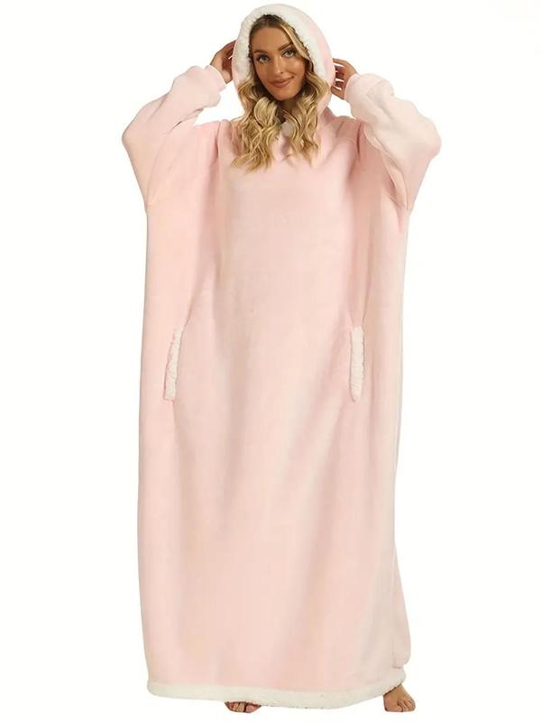 Women's Contrast Binding Pocket Hooded Lounge Robe, Casual Long Sleeve Raglan Sleeve Warm Lounge Robe, Women's Sleepwear for Fall & Winter