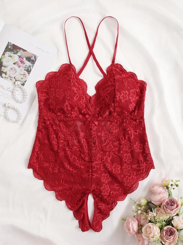  Criss Cross Scallop Trim Open Crotch Design Sexy Lingerie Bodysuit, Romantic Plain Bow Decor V Neck Sleeveless Lingerie Bodysuit for Women, Women's Sexy Lingerie for All Seasons