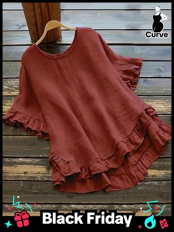  Plain Ruffle High Low Hem Blouse, Summer Outfits, Casual Round Neck Half Sleeve Top for Summer, Summer Tops, Women's Clothes for Daily Wear, Peplum Top