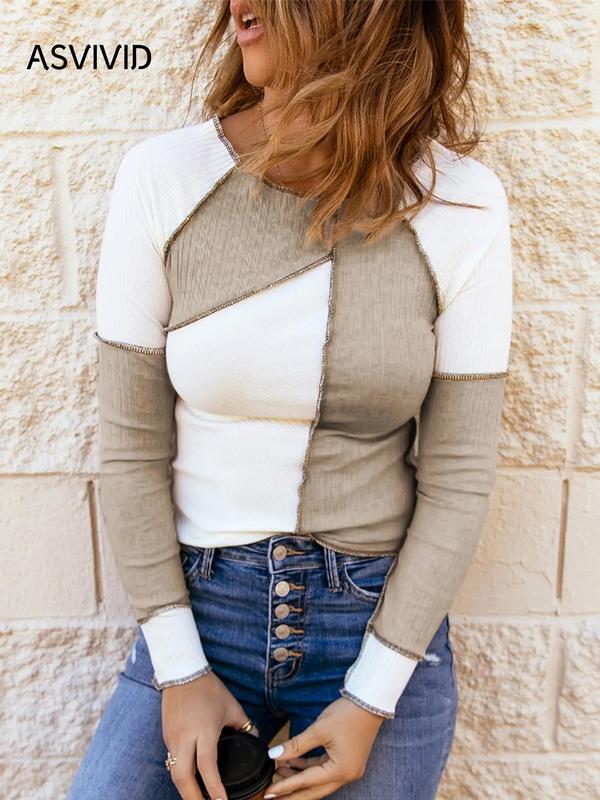 Women's Patchwork Seam Detail Raglan Sleeve Tee, Fall Outfits, Casual Long Sleeve Round Neck T-shirt for Fall, Fashion Women's Fall Top for Daily Wear