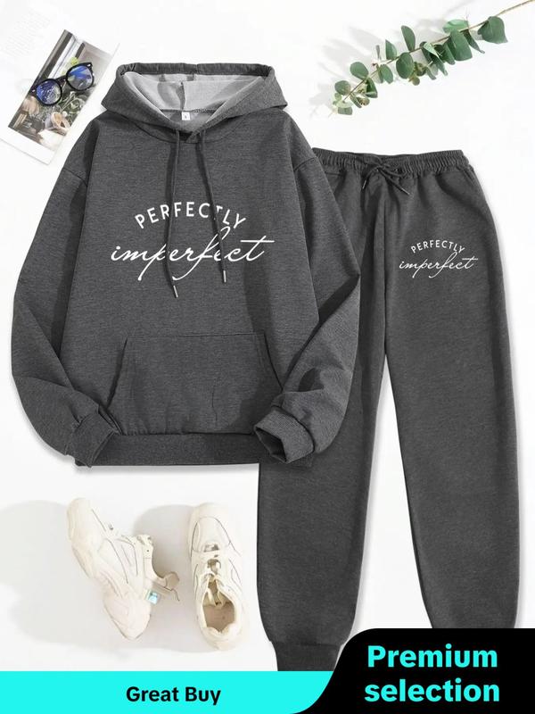 Women's Letter Print Pocket Drop Shoulder Hoodie & Drawstring Waist Sweatpants Two-piece Set, Casual Comfort Hoodie Cozy Breathable Two Piece Outfits for Daily Wear, Ladies Fall & Winter Clothes