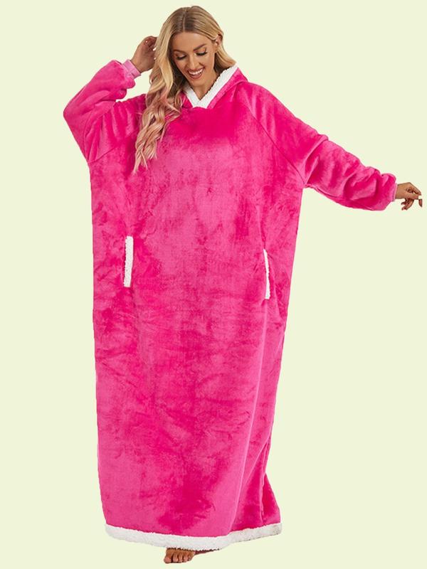 Women's Contrast Binding Pocket Hooded Lounge Robe, Casual Long Sleeve Raglan Sleeve Warm Lounge Robe, Women's Sleepwear for Fall & Winter