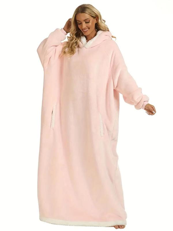 Women's Contrast Binding Pocket Hooded Lounge Robe, Casual Long Sleeve Raglan Sleeve Warm Lounge Robe, Women's Sleepwear for Fall & Winter