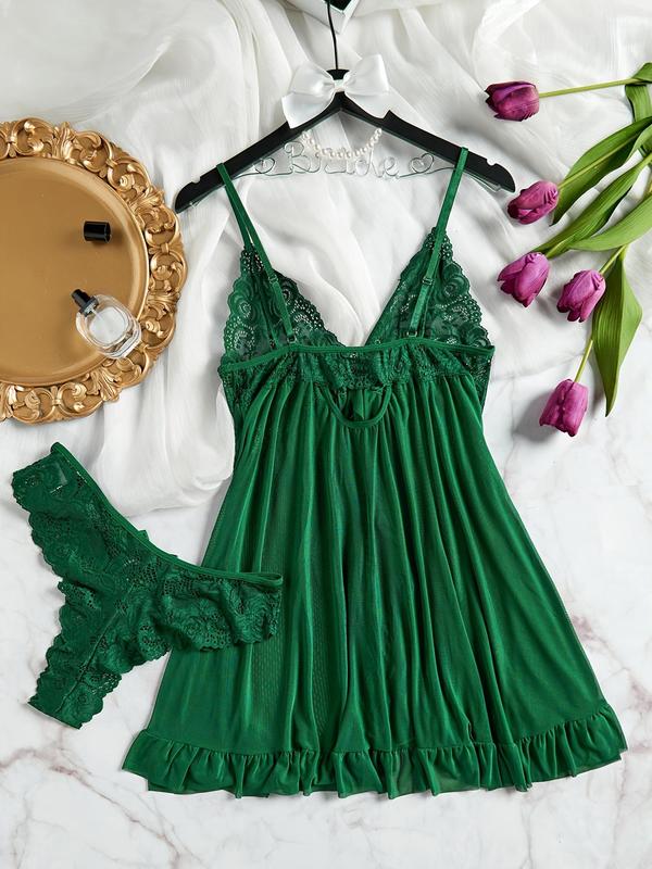 Women's Plain Floral Lace Cut Out Backless Mesh Cami Nightdress & Bow Decor Thong Sexy Sleepwear Loungewear Set, Elegant Sexy Adjustable Spaghetti Strap Wrap Ruffle Hem Nighty Dress & Panty Set, Women's Sexy Sleepwear Set for Women