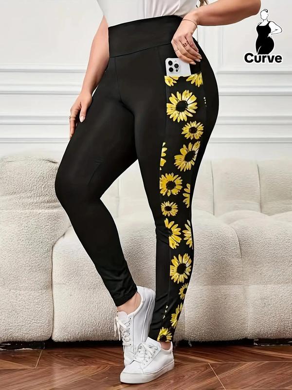 Plus Size Floral Print High Waist Pocket Design Leggings, Casual Comfy Breathable Skinny Pants for Women, Women's Bottoms for Summer