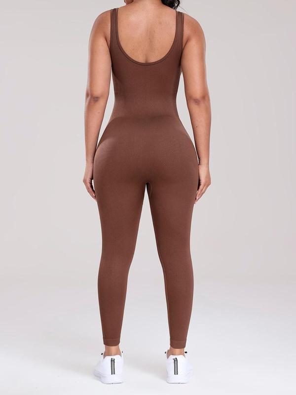 Women's Solid Backless Ribbed Overalls Bodysuits, Casual Comfy Scoop Neck Sleeveless Skinny Bodysuits for Daily Wear, Ladies Clothes for All Seasons, North West Body Suit
