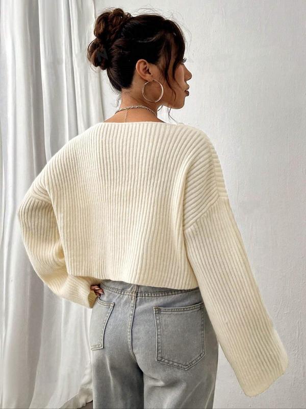 Women's Solid Color Drop Shoulder V Neck Crop Sweater, Casual Long Sleeve Jumper for Fall & Winter, Women's Knitwear for Daily Wear, Fall Clothes 2024