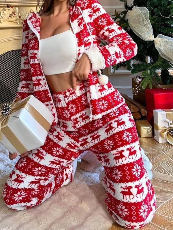 Two-piece Set Women's Christmas Print Pom Pom Decor Drawstring Hooded Top &  Pants Pyjama, Casual Comfy Long Sleeve Pullover & Trousers Pj Set, Women's Sleepwear for Fall & Winter