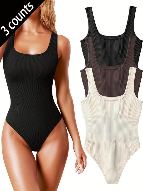 Women's Solid Backless  Bodysuit, Casual Sleeveless Square Neck Bodysuit for Summer, Ladies Clothes for Daily Wear