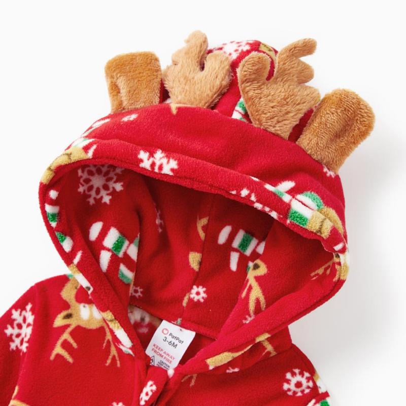 PatPat Christmas Family Matching Allover Deer Print 3D Antler Hooded Long-sleeve Red Thickened Polar Fleece Onesies Pajamas