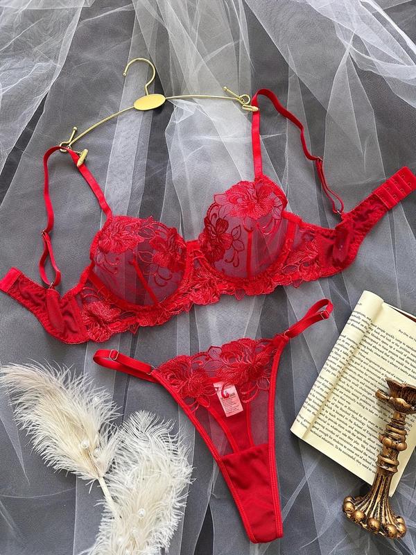 Women's Floral Embroidery Push Up Bra & Thong Sexy Lingerie Set, Sexy Comfy Breathable Underwear Set for Daily Wear, Women's Lingerie & Underwear for All Seasons