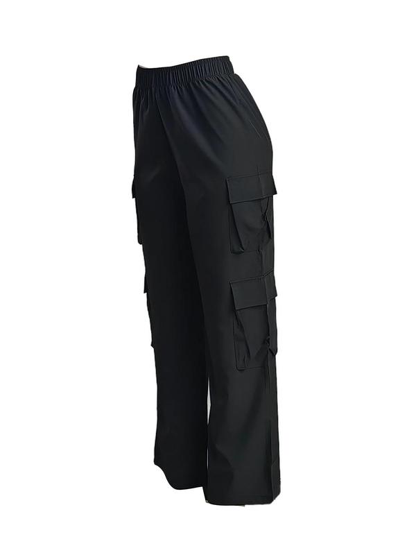 Plain Pocket Elastic Waist Cargo Pants for Women, Comfort Womenswear, Basic Street Style Straight Leg Trousers for Women for Daily Wear, Ladies Bottoms for Fall Downtown Girl Clothes
