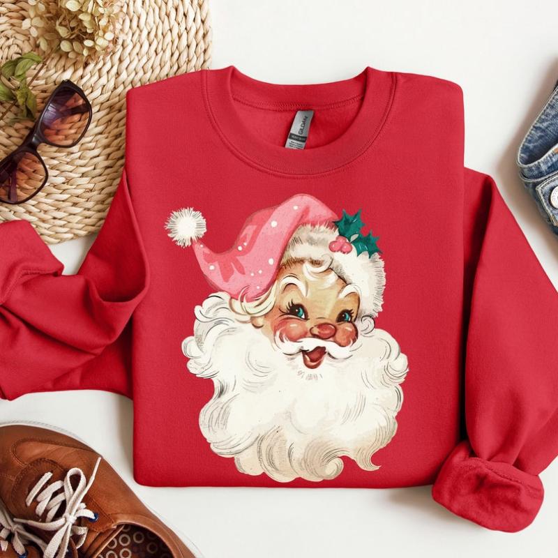 Pink Santa Retro Christmas T-Shirts Sweatshirts for Women Pink Christmas Matching Family Sweaters Pink Vintage Holiday Crewneck Group Party