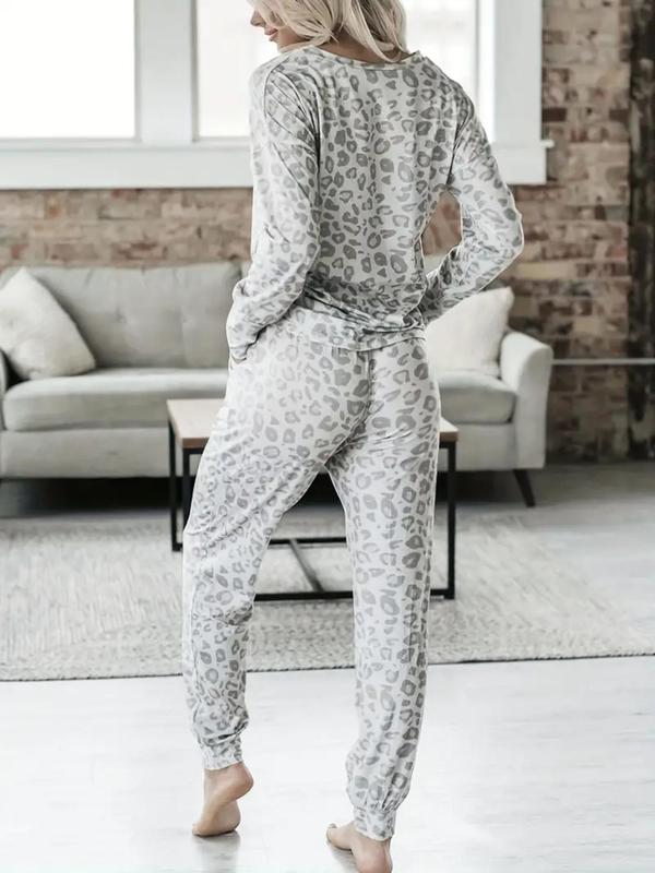 Two-Piece Set Women's Leopard Print Drop Shoulder Top & Drawstring Pants Pyjama Set, Casual Comfy Long Sleeve V Neck Top & Pocket Trousers PJ Set, Women's Sleepwear for Spring & Fall, Fluffy Pajamas