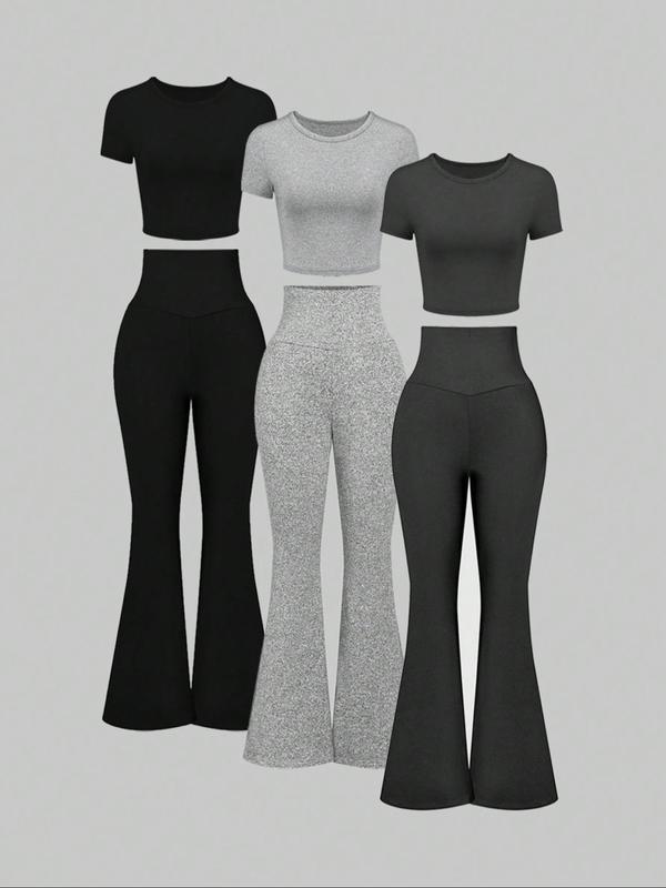 Women's Plain Summer Co-ord Set, Casual Short Sleeve Crop Tee & High Waist Flare Leg Pants Set, Back To School Clothes, Ladies Fall Clothes for Daily Outdoor Wear, 90s Clothes, 90s Minimalism