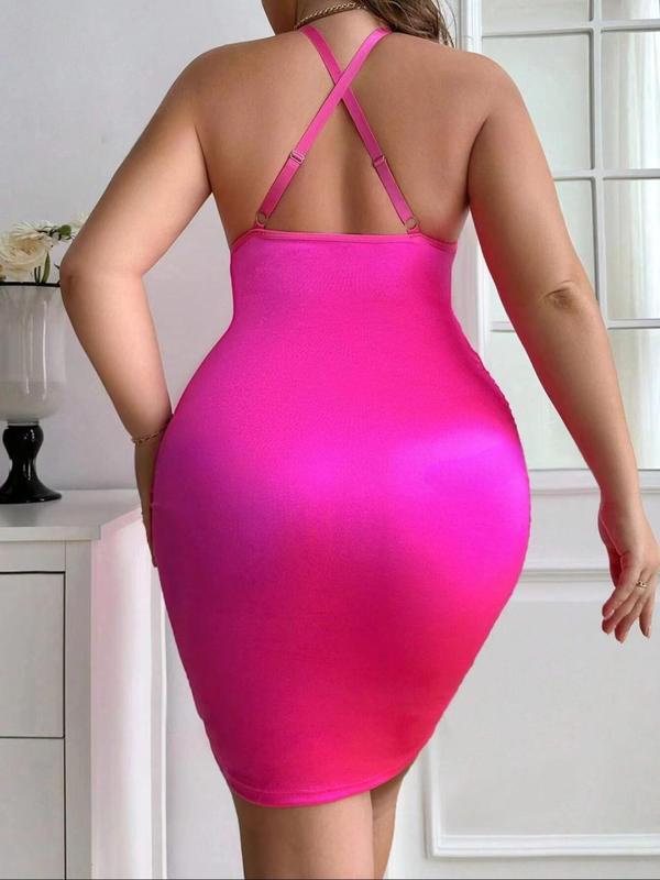 Plus Size Plain Criss Cross Backless Corset Satin Cami Nightdress, Elegant Adjustable Spaghetti Strap Nightgown, Women's Sleepwear for All Seasons
