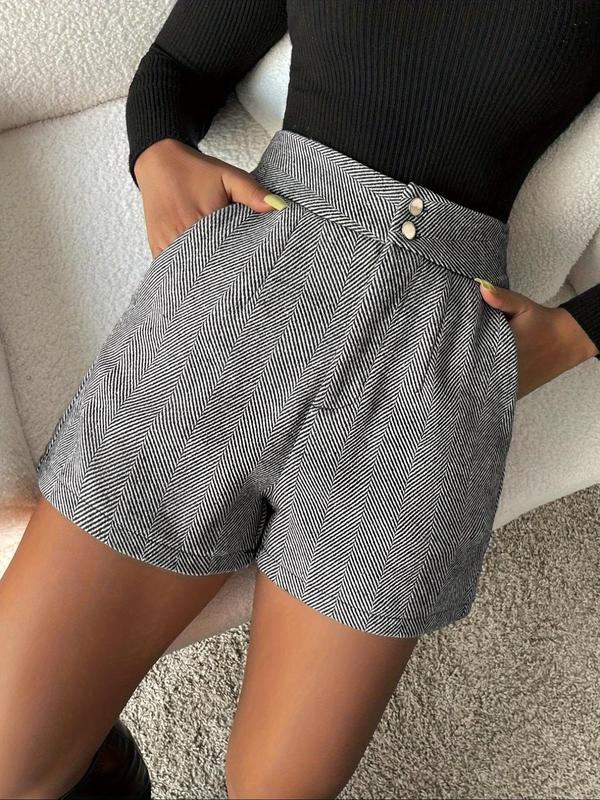 Women's Striped Print High Waist Shorts, Elegant Double Button Pocket Shorts for Daily Wear, Ladies Bottoms for All Seasons