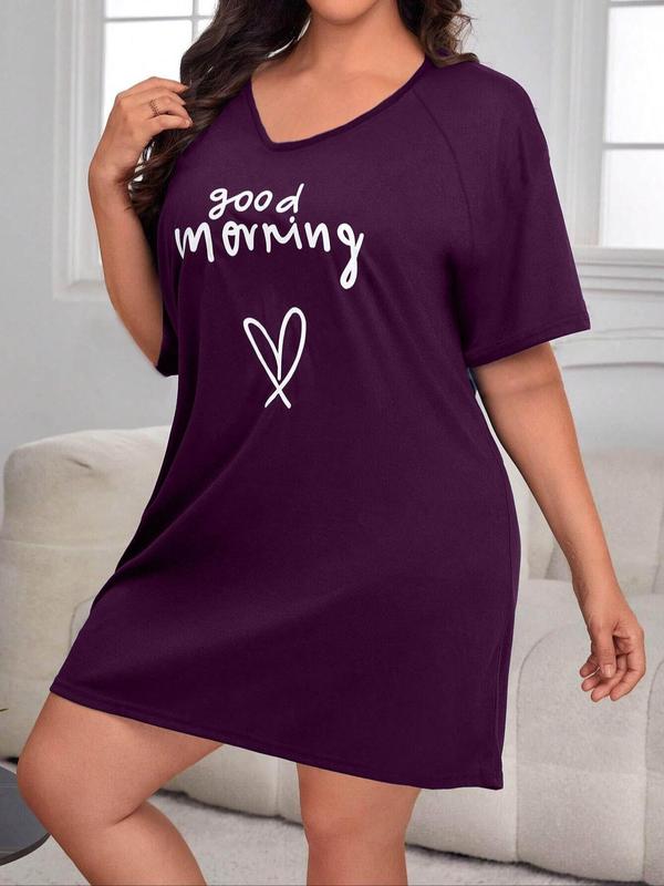  Letter & Heart Print V Neck Raglan Sleeve Tee Dress, Casual Half Sleeve Short Dress for Daily Wear, Women's Sleepwear for All Seasons