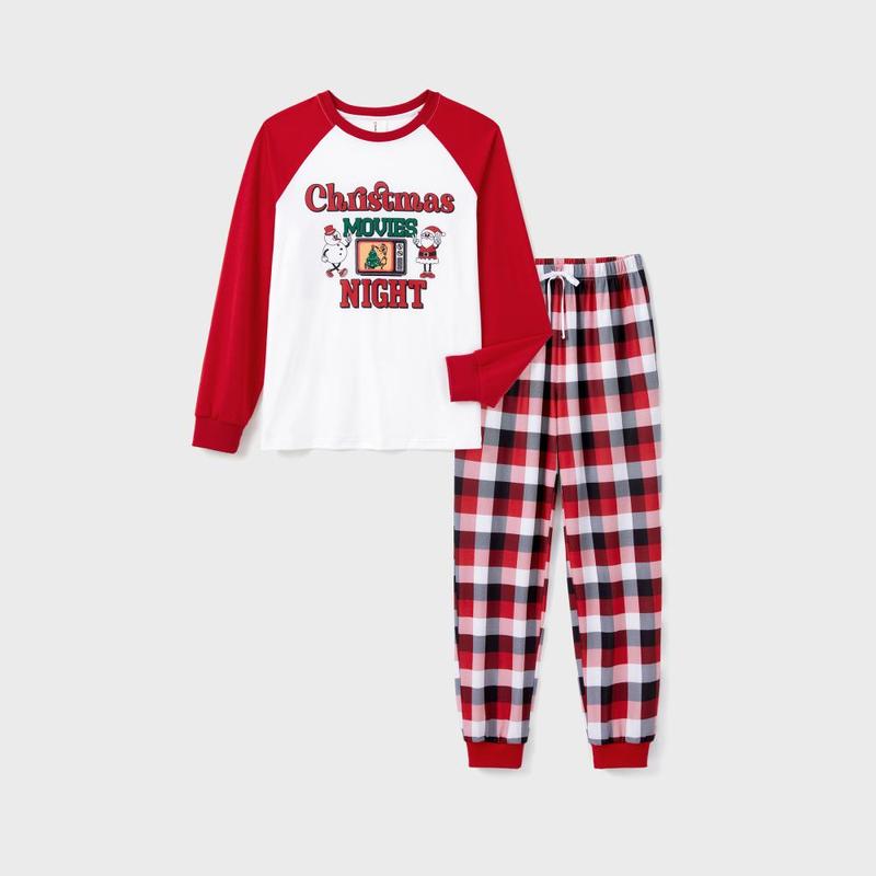 PatPat Christmas Movie Night Red Plaid Pajamas Raglan Sleeves Santa and Snowman Pattern
