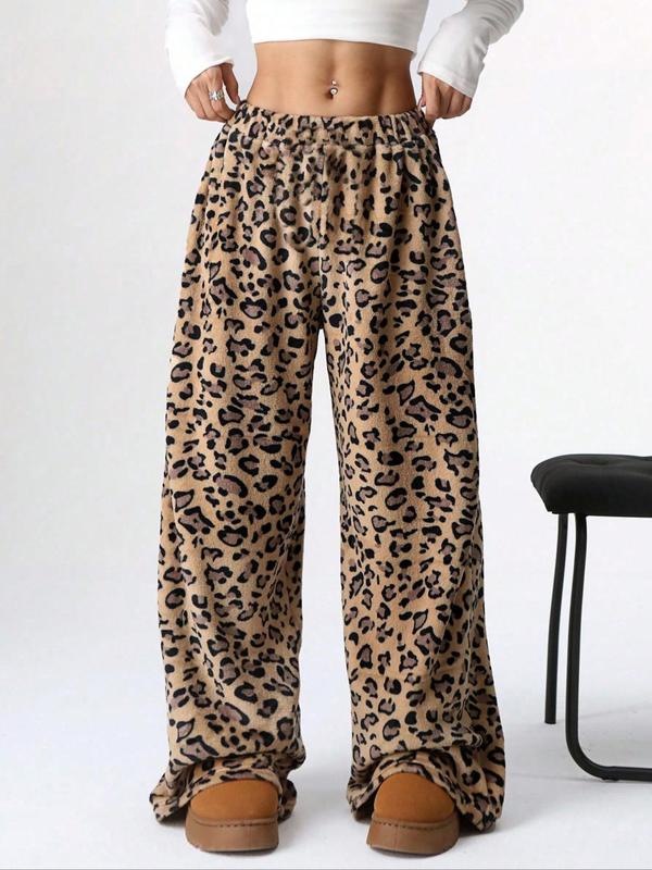 Women's Leopard Print Bow Decor Wide Leg Pants, Casual Comfy Trousers for Daily Wear, Ladies Bottoms for Fall & Winter