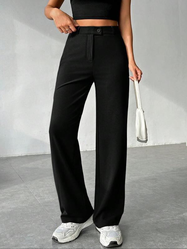 Women's Solid Button Fly Straight Leg Pants, Casual Comfy Trousers for Daily Wear, Ladies Bottoms for All Seasons