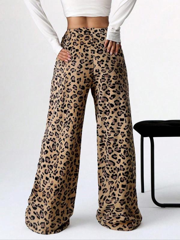 Women's Leopard Print Bow Decor Wide Leg Pants, Casual Comfy Trousers for Daily Wear, Ladies Bottoms for Fall & Winter