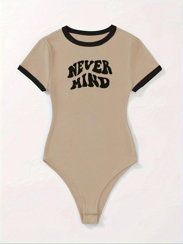 Women's Letter Print Contrast Binding Bodysuit, Casual Short Sleeve Round Neck Bodysuit for Summer, Ladies Clothes for Daily Wear