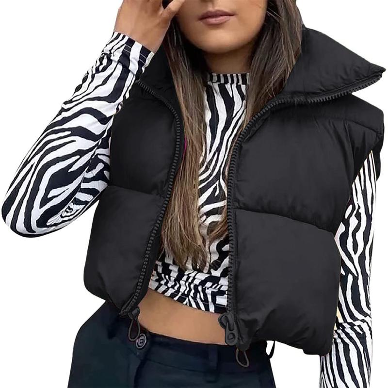 Fall Winter Warm Cropped Vest Jackets for Women Fashion Sleeveless Stand Collar Zip Up Puffer Waistcoat Street Style Outwear