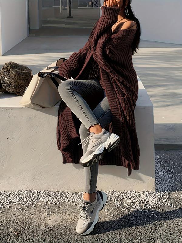 Women's Solid Color Pocket Longline Cardigan, Casual Long Sleeve Open Front Cardigan for Fall & Winter, Women's Knit Clothing for Daily Wear