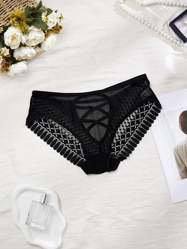  Floral Detail Contrast Mesh Lace Up Panty, Panties for Women, Solid Color Sheer Knicker for All Seasons, Comfy Breathable Underwear for Women, Sexy Womenswear, Women Nightwear
