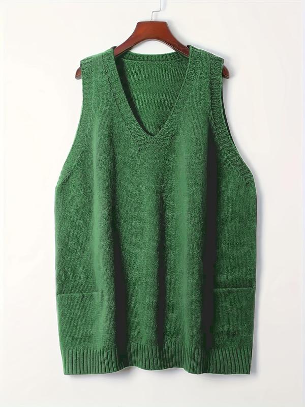  Solid Pocket V Neck Knit Tank Top, Casual Sleeveless Knitwear for Fall & Winter, Women's Clothing for Daily Wear