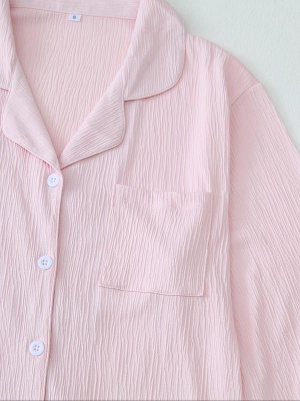 Two-Piece Set Women's Solid Button Front Pocket Lapel Shirt & Elastic Waist Shorts Pyjama, Casual Comfy Long Sleeve Top & Shorts PJ Set, Women's Sleepwear for Spring & Fall