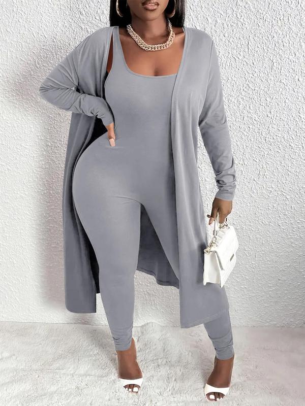Two-piece Set Women's Solid Open Front Long Sleeve Longline Outwear  & Skinny Jumpsuit, Casual Fashion Cozy Outfits for Daily Outdoor Wear, Women Clothes for Fall & Winter