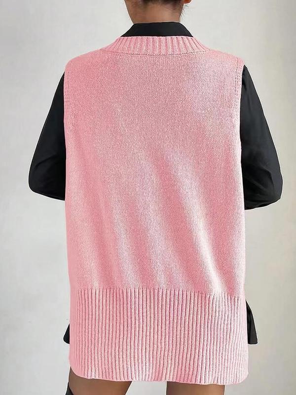 Women's Vintage Split Hem V Neck Sweater Vest Without Shirt, Casual Solid Asymmetrical Hem Jumper Vest For Fall, Women's Knit Top Western Clothing For Daily Wear, Black Friday Trends, Downtown Girl Clothes