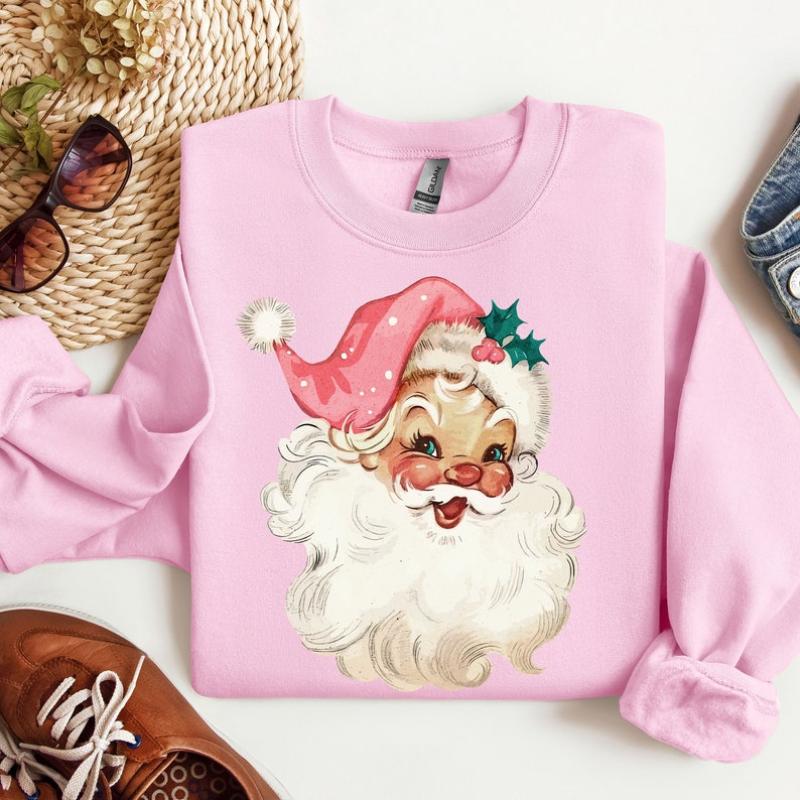 Pink Santa Retro Christmas T-Shirts Sweatshirts for Women Pink Christmas Matching Family Sweaters Pink Vintage Holiday Crewneck Group Party