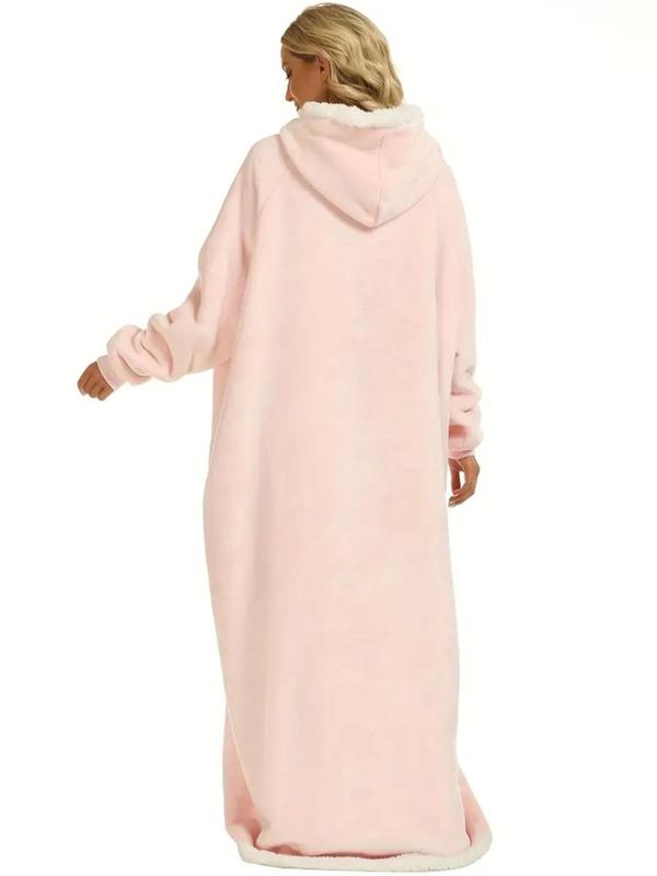 Women's Contrast Binding Pocket Hooded Lounge Robe, Casual Long Sleeve Raglan Sleeve Warm Lounge Robe, Women's Sleepwear for Fall & Winter