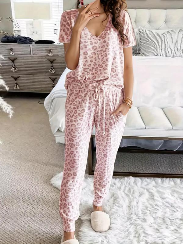 Two-Piece Set Women's Leopard Print Drop Shoulder Top & Drawstring Pants Pyjama Set, Casual Comfy Long Sleeve V Neck Top & Pocket Trousers PJ Set, Women's Sleepwear for Spring & Fall, Fluffy Pajamas