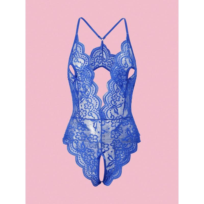 Deep V Lace Backless Bodysuit, Crotchless Open Bra Erotic Lingerie & Underpants, Women's Sexy Clothing