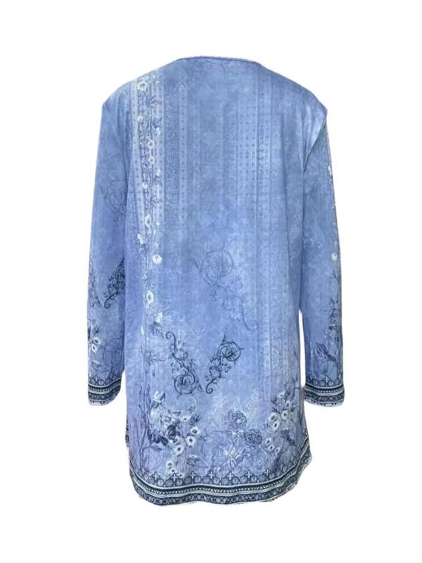 Plus Size Floral Print Long Sleeve Open Front Coat, Casual High Low Outerwear for Spring & Fall, Women's Plus Clothing for Daily Wear