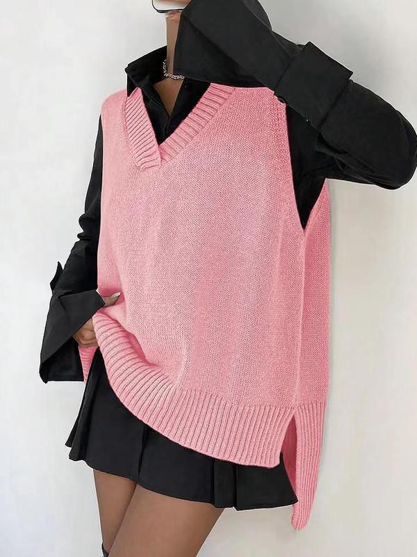 Women's Vintage Split Hem V Neck Sweater Vest Without Shirt, Casual Solid Asymmetrical Hem Jumper Vest For Fall, Women's Knit Top Western Clothing For Daily Wear, Black Friday Trends, Downtown Girl Clothes