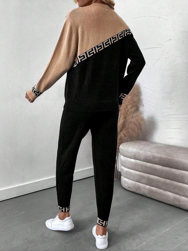 Women's Colorblock Patchwork Print Long Sleeve Sweater & Solid Elastic Waist Pants Set, Casual Round Neck Asymmetrical Sleeve Jumper & Trousers, Fall & Winter Clothes for Women