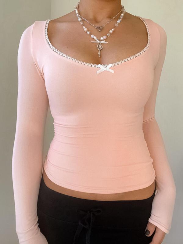 Women's Bow Decor Contrast Lace Scoop Neck Tee, Casual Long Sleeve T-shirt for Fall & Winter, Women's Clothing for Daily Wear