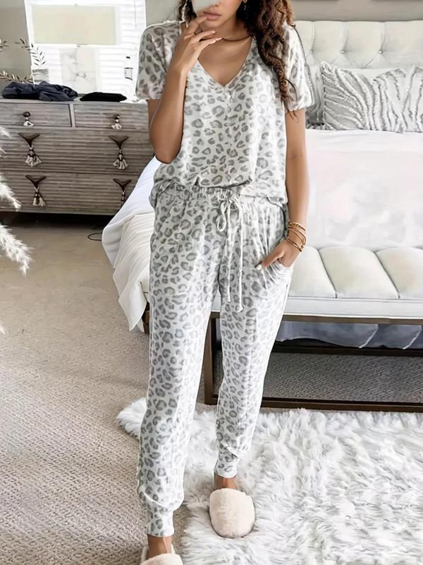 Two-Piece Set Women's Leopard Print Drop Shoulder Top & Drawstring Pants Pyjama Set, Casual Comfy Long Sleeve V Neck Top & Pocket Trousers PJ Set, Women's Sleepwear for Spring & Fall, Fluffy Pajamas