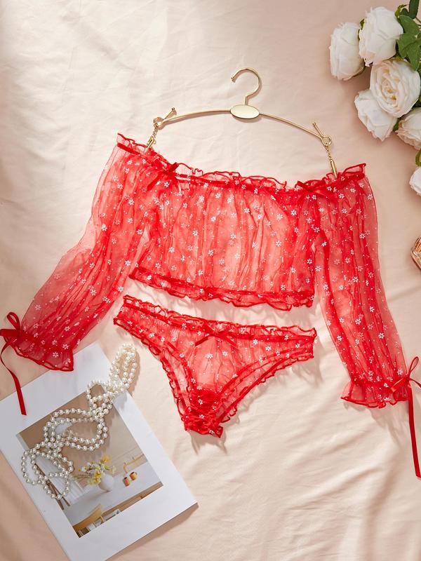Women's Ditsy Floral Print Bow Decor Sheer Tulle Top & Elastic Waist Panty Two-piece Set, Sexy Comfy Breathable Underwear Set for Daily Wear, Ladies Underwear for All Seasons