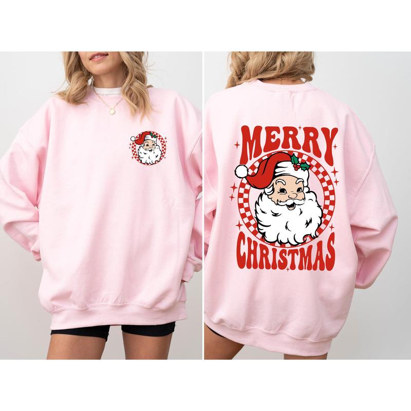 Retro Santa Checkered, Front and Back, Merry Christmas, Winter, Snow, Xmas Sweatshirt, Women's Crew Neck, Crewneck