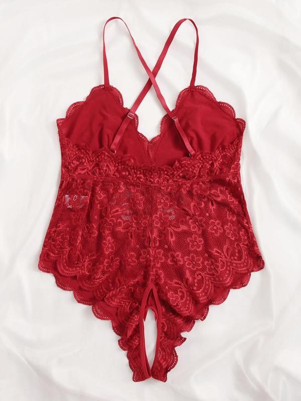  Criss Cross Scallop Trim Open Crotch Design Sexy Lingerie Bodysuit, Romantic Plain Bow Decor V Neck Sleeveless Lingerie Bodysuit for Women, Women's Sexy Lingerie for All Seasons
