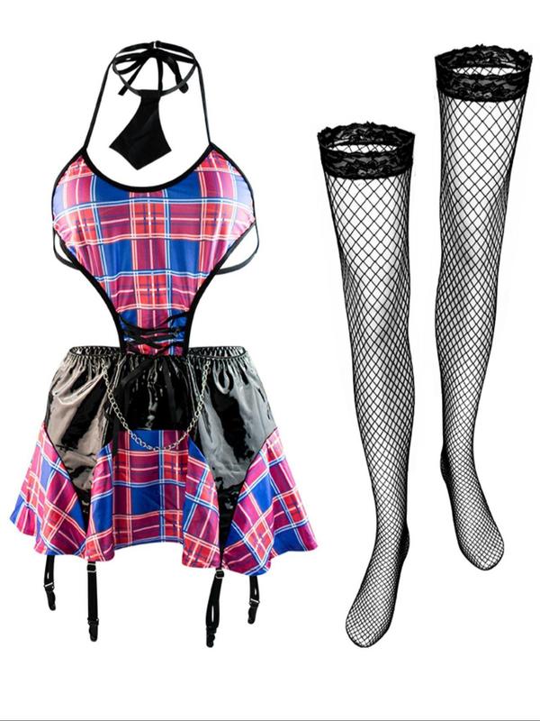 Women's Christmas Halter Neck Lingerie Set, Sexy Plaid Print Lace Up Chain Dress & Choker & Stockings Set, Women's Lingerie & Underwear for All Seasons
