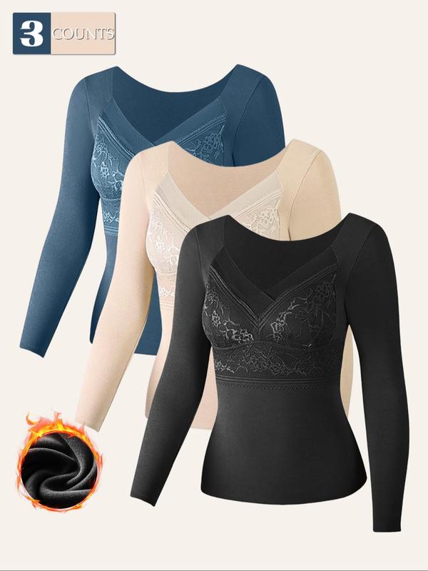 Women's Solid Color Contrast Lace Thermal Lined Underwear Top, Casual Comfy Warm Round Neck Long Sleeve Top for Fall & Winter, Women's Underwear for Daily Wear