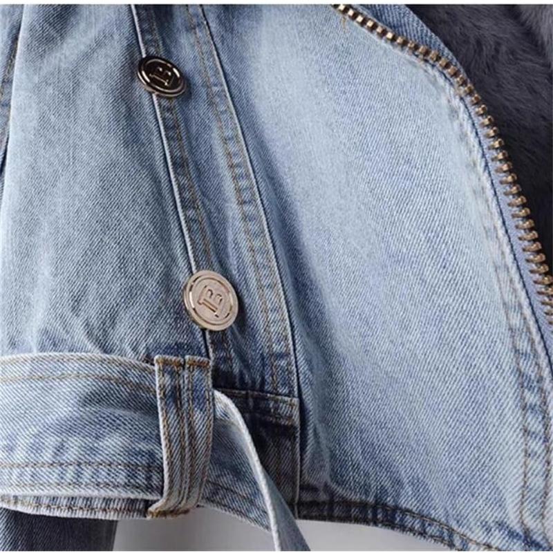 Women Denim Jacket with Fur Warm Fur Collar Rabbit Fur Lined Denim Jacket Thicken Shaggy Winter Removable Cropped Top
